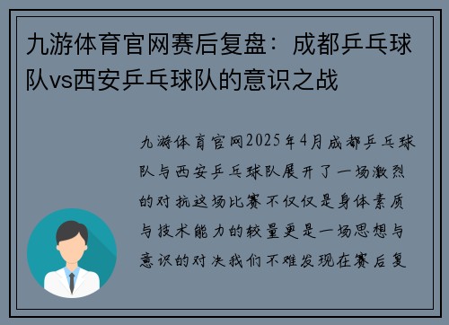 九游体育官网赛后复盘：成都乒乓球队vs西安乒乓球队的意识之战